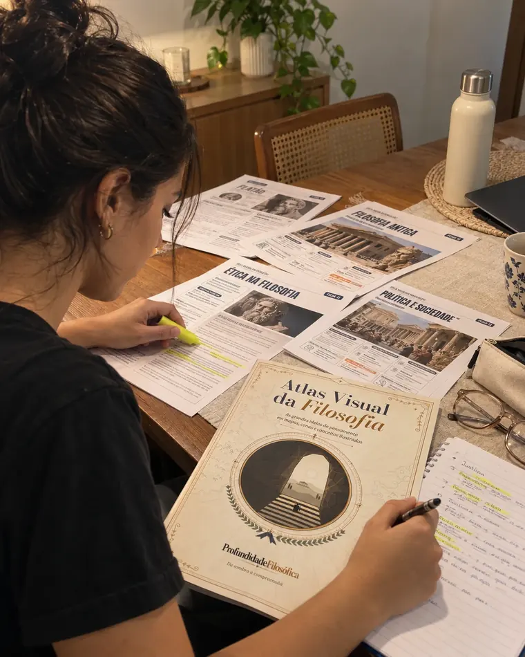 Mulher grifa páginas impressas do Atlas espalhadas pela mesa, ao lado da capa e de um caderno de anotações