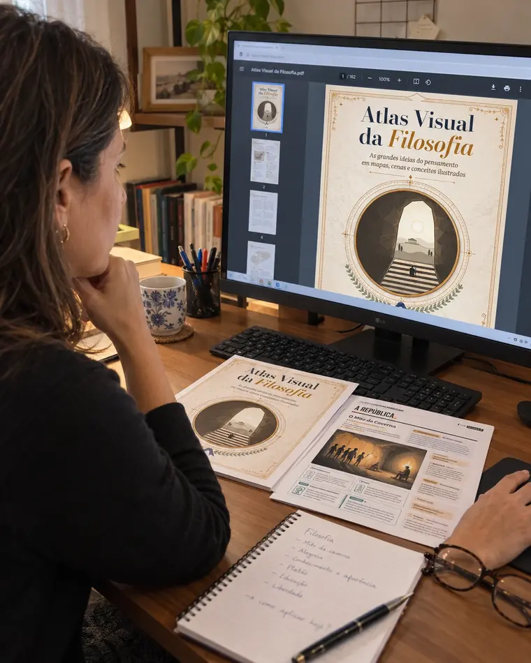 Mulher pensativa diante do Atlas aberto no computador, com páginas impressas e um caderno com a pergunta como aplicar hoje